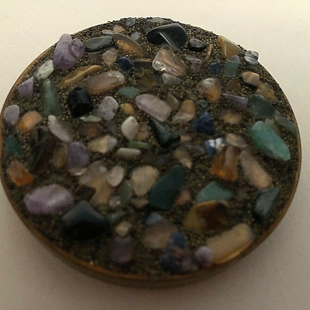 Beautiful Vintage Samuel Fink Multi Natural Stone Round Compact Powder F3